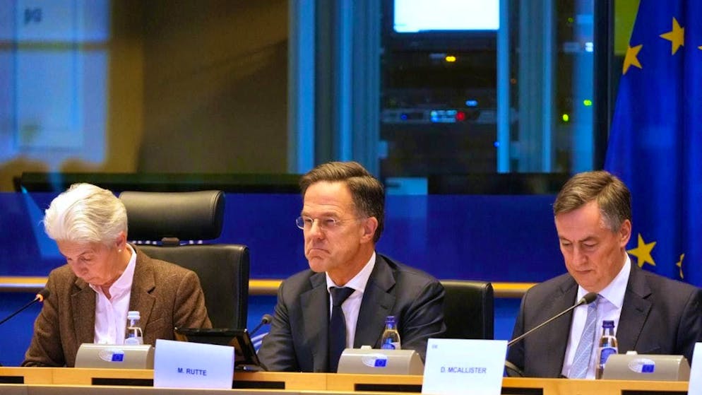NATO Secretary General Mark Rutte (M) sits with the Security and Defense Committee of the European Parliament in Brussels. Photo: Virginia Mayo/AP/dpa