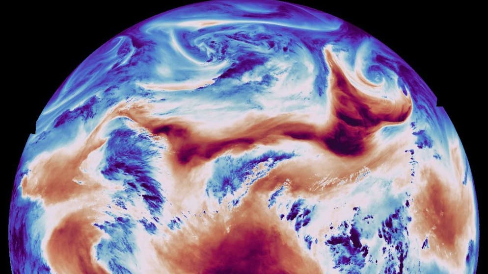 Das aus einer Höhe von 36'000 Kilometern über der Erde aufgenommene Satellitenbild zeigt die Luftfeuchtigkeit der Erdatmosphäre. Blaue Farben entsprechen Regionen in der Atmosphäre mit höherer Luftfeuchtigkeit, während rote Farben auf niedrigere Luftfeuchtigkeit in der Atmosphäre hinweisen.