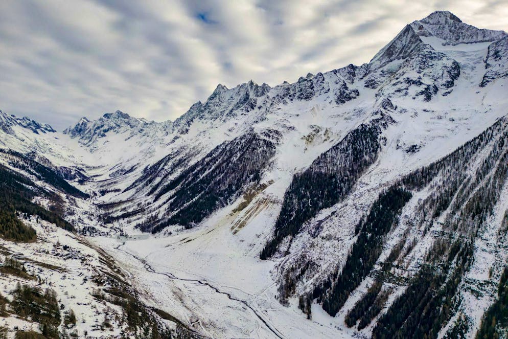 A view of the landslide area around the village of Blatten - photographed on December 19, 2025 from the Lauchernalp above Wiler in the Valais Lötschental.