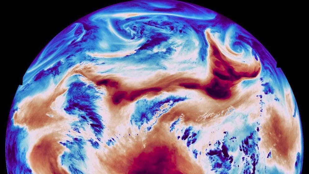 The satellite image, taken from a height of 36,000 kilometers above the earth, shows the humidity of the earth's atmosphere. Blue colors correspond to regions in the atmosphere with higher humidity, while red colors indicate lower humidity in the atmosphere.