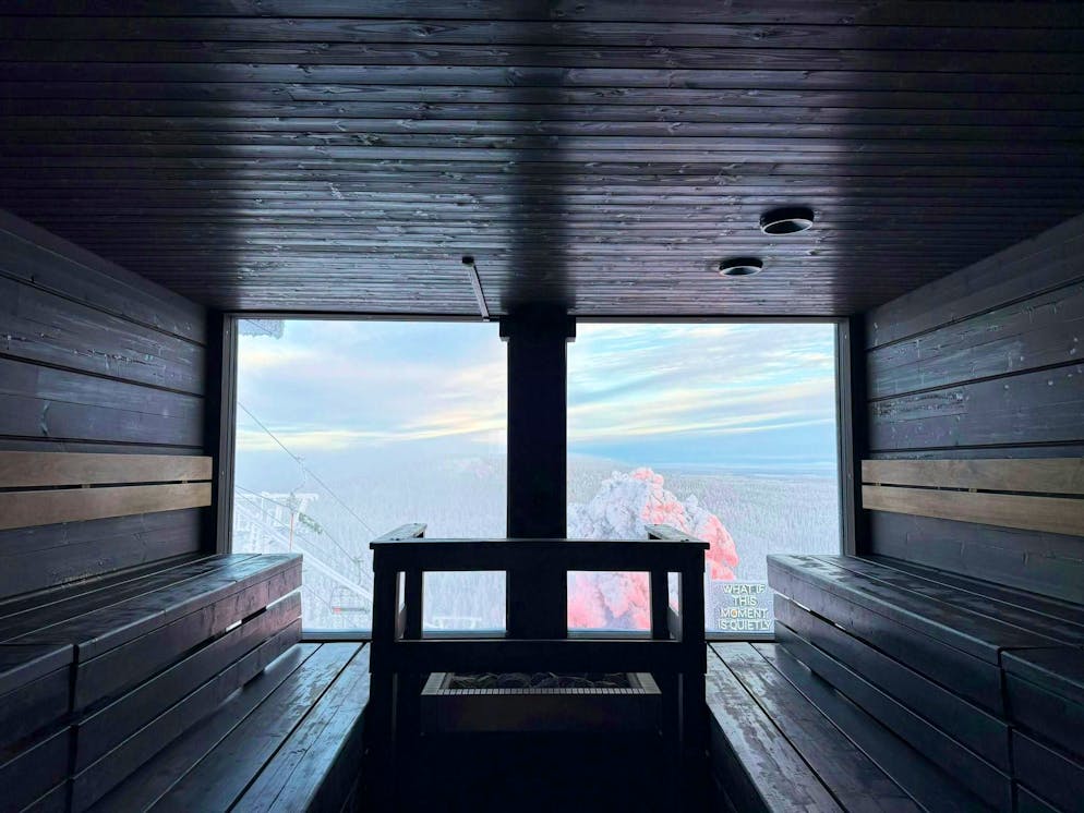 Press trip Finland. The sauna is a deeply rooted tradition in Finland. This picture shows a classic sauna in the "Base" in Ruka-Kuusamo - high up on a mountain, accessible only by gondola.