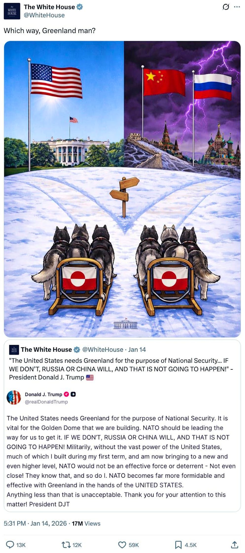 Il linguaggio dei post dell'amministrazione Trump sui social media. Il 14 gennaio 2026, <a target="_blank" rel="nofollow" href="https://x.com/WhiteHouse/status/2011476301060702329">la Casa Bianca dimostra anche su X</a> che non ha paura di prendere in prestito dalla bibbia neonazista americana: «Da che parte, uomo della Groenlandia?» è il motto questa volta. La slitta trainata dai cani della Groenlandia viaggia verso la splendente Casa Bianca o nella tempesta verso Russia e Cina?