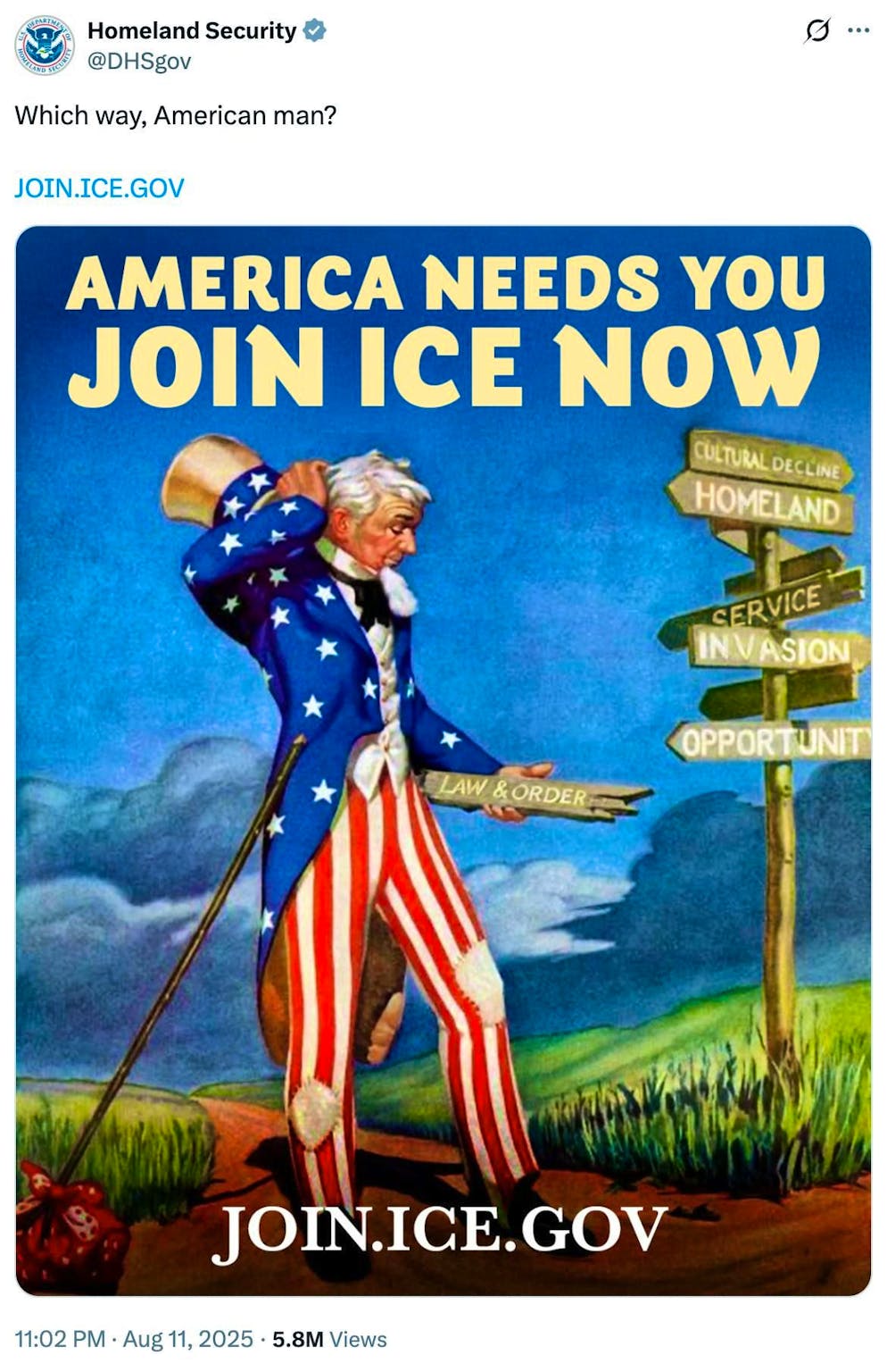 Il linguaggio dei post dell'amministrazione Trump sui social media. «Da che parte sta l'uomo occidentale?»: questo è il titolo di un pamphlet razzista e antisemita scritto dal neonazista statunitense <strong>William Gayley Simpson</strong> nel 1978. «Da che parte, uomo americano?», chiede il <a target="_blank" rel="nofollow" href="https://x.com/DHSgov/status/1955011982488228231">dipartimento della sicurezza nazionale</a> l'11 agosto 2025. Lo Zio Sam è a un bivio: sceglie «declino culturale» o «invasione»? Oppure «legge e ordine», «patria», «servizio» o «opportunità»?