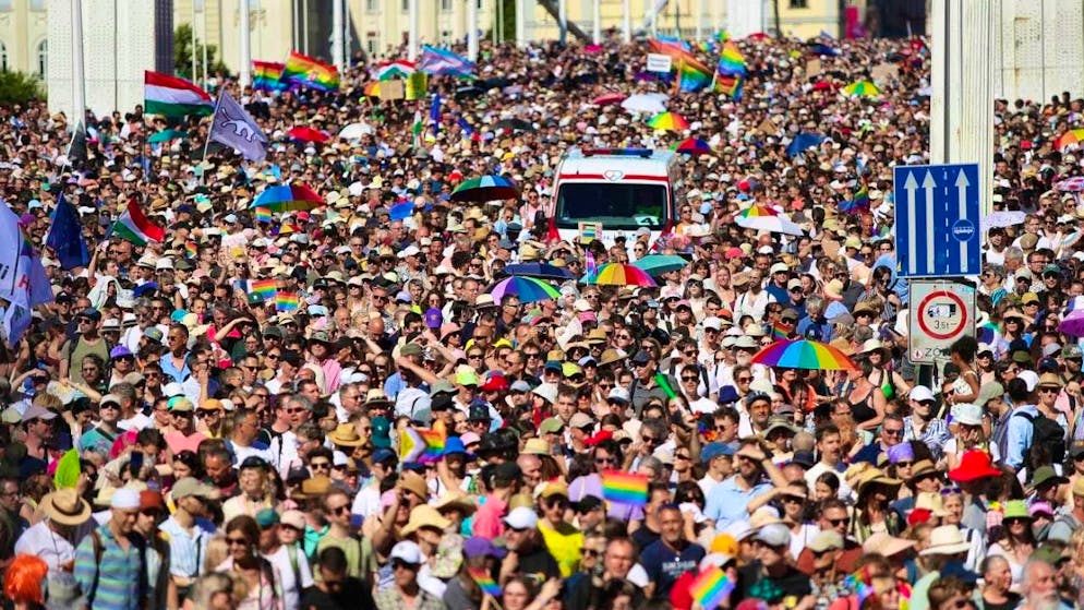 ARCHIVE - Participants of the Pride march cross the Elisabeth Bridge. Photo: Rudolf Karancsi/AP/dpa