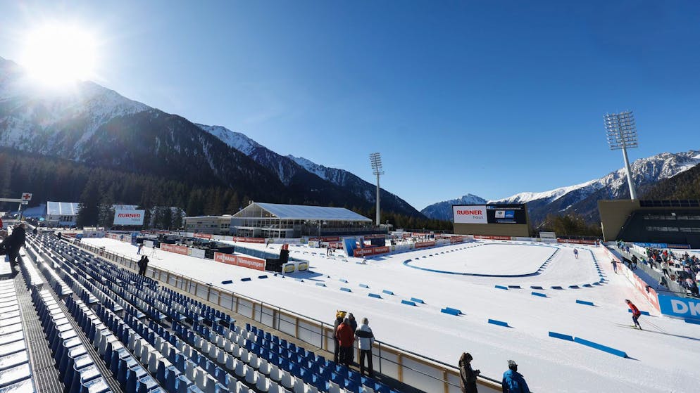 Vue de l'arène de biathlon d'Anterselva, où se dérouleront les épreuves de biathlon lors des JO.