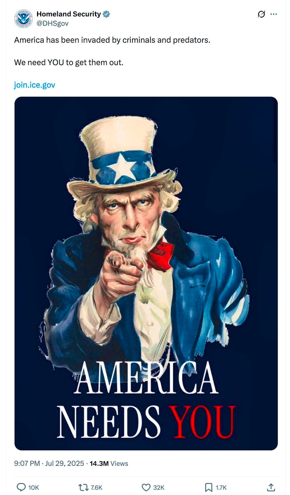 Il linguaggio dei post dell'amministrazione Trump sui social media. «I want you for U.S. Army»: lo Zio Sam usava questo slogan per reclutare soldati come nazione personificata durante la Prima Guerra Mondiale. Il 29 luglio 2025, <a target="_blank" rel="nofollow" href="https://x.com/DHSgov/status/1950271979585425794">il dipartimento della sicurezza nazionale</a> riprende il tema e scrive: «Criminali e predatori sessuali hanno invaso l'America. Abbiamo bisogno di voi per cacciarli via».