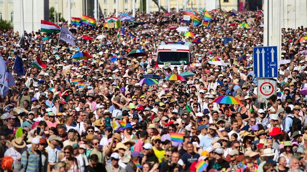 ARCHIV - Teilnehmer des Pride-Marsches überqueren die Elisabeth-Brücke. Foto: Rudolf Karancsi/AP/dpa