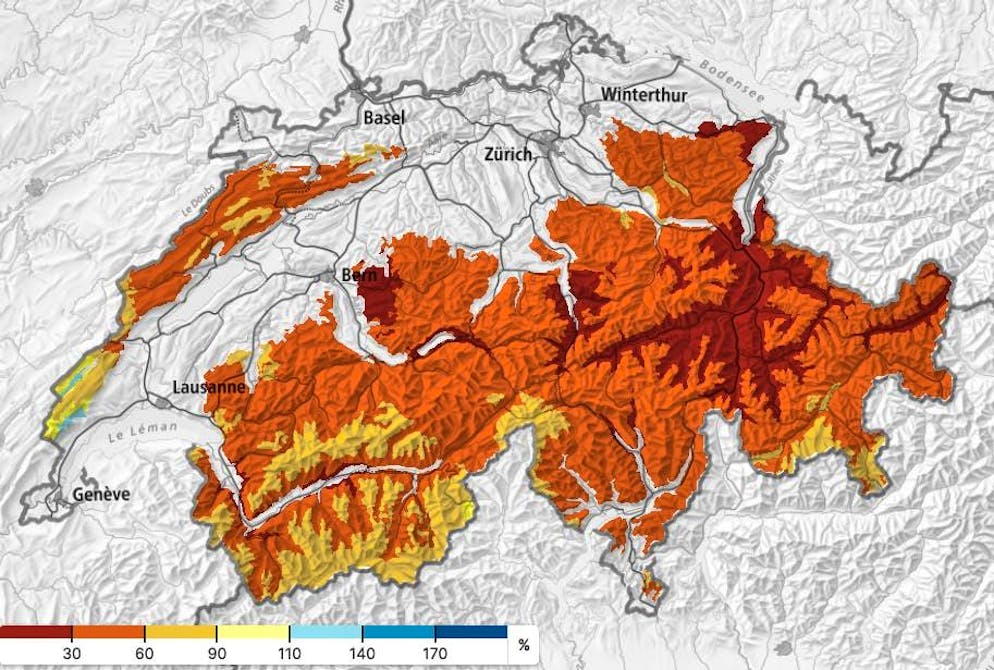 La mappa dell'Istituto per lo studio della neve e delle valanghe (SLF) mostra l'attuale altezza della neve rispetto alla media a lungo termine.