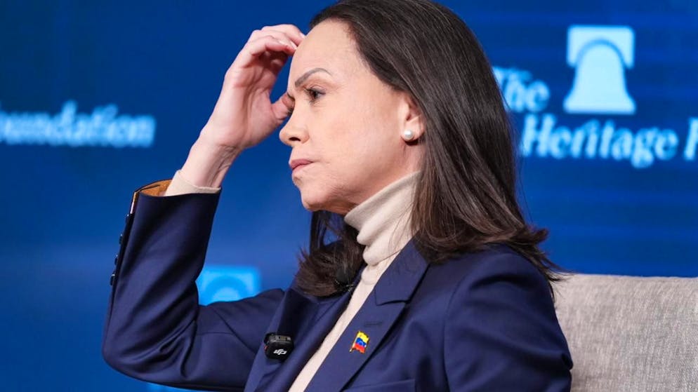 ARCHIV - Die venezolanische Oppositionsführerin Maria Corina Machado spricht in der Heritage Foundation, einer einflussreichen konservativen Denkfabrik, einen Tag nach einem Treffen mit US-Präsident Trump im Weißen Haus und Kongressmitgliedern auf dem Capitol Hill. Foto: J. Scott Applewhite/AP/dpa