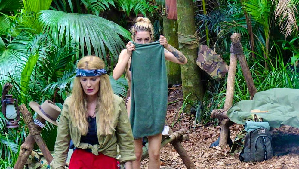 Hygiene spat: Ariel (on the right next to Mirja du Mont) wants to wash herself, but accuses her fellow campers of messing with her towel.