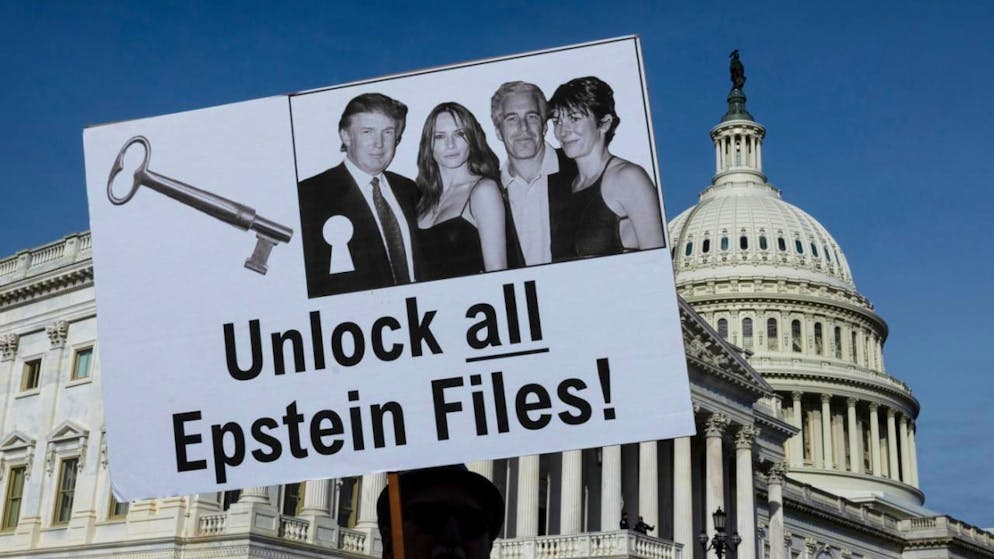 ARCHIV - Demonstranten halten Schilder während einer Pressekonferenz zum Epstein Files Transparency Act vor dem U.S. Capitol in Washington, D.C. Foto: Mehmet Eser/ZUMA Press Wire/dpa