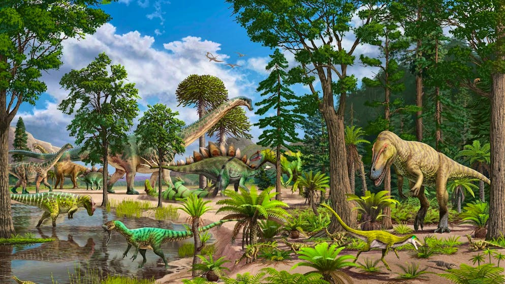 Artist's impression of the ecosystem of the Dry Mesa Dinosaur Quarry around 150 million years ago in what is now the US state of Colorado