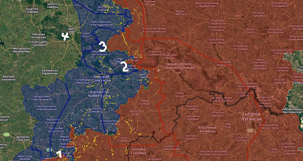 Oleksandriwka (3) ist ein Hindernis für die russische Armee auf dem Weg nach Isjum (4). Zur Orientierung sind noch Pokrowsk (1) und Lyman am Ende des Festungsgürtels (2) markiert.