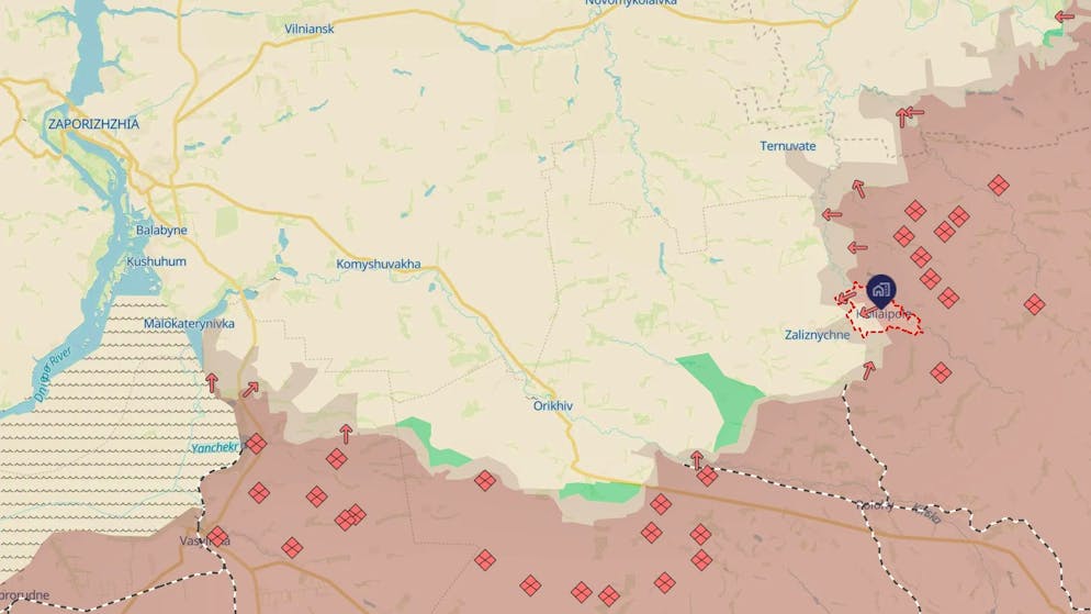 Front line in the south of Ukraine. Marked: Huliaipole. Top left: Zaporizhia, where the number of Russian attacks reportedly increased 1.75-fold in January.