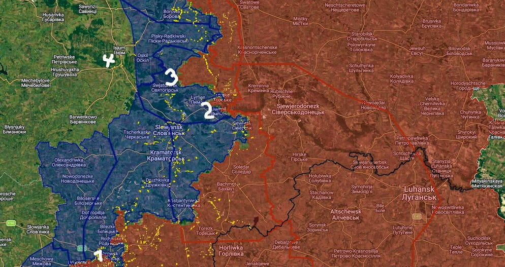 Oleksandrivka (3) is an obstacle for the Russian army on its way to Isyum (4). Pokrovsk (1) and Lyman at the end of the fortress belt (2) are marked for orientation.