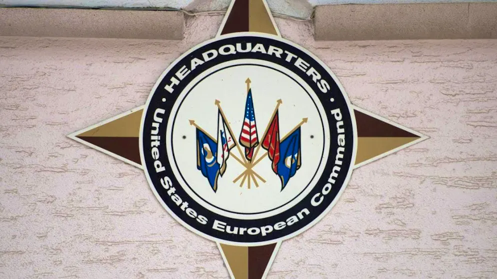 ARCHIVE - The emblem of the United States European Command (EUCOM), taken on May 3, 2016 in the Patch Barracks in Stuttgart (Baden-Württemberg) after the change of command of the United States European Command (EUCOM) in Stuttgart. Photo: Marijan Murat/dpa