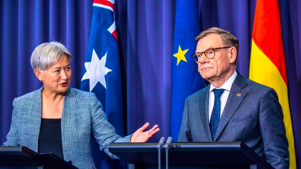 dpatopbilder - Johann Wadephul (CDU), Foreign Minister, answers questions from media representatives together with Penny Wong, Foreign Minister of Australia, at a press conference. Photo: Jens Büttner/dpa