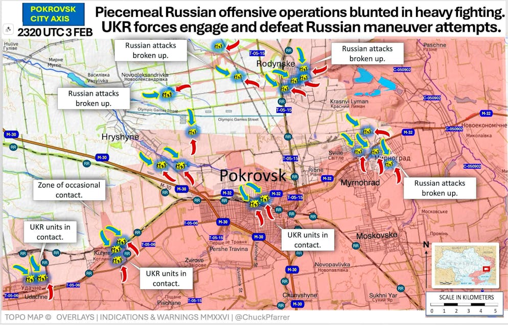 A map by pro-Ukrainian US veteran Chuck Pfarrer on the situation in Pokrovsk on X.