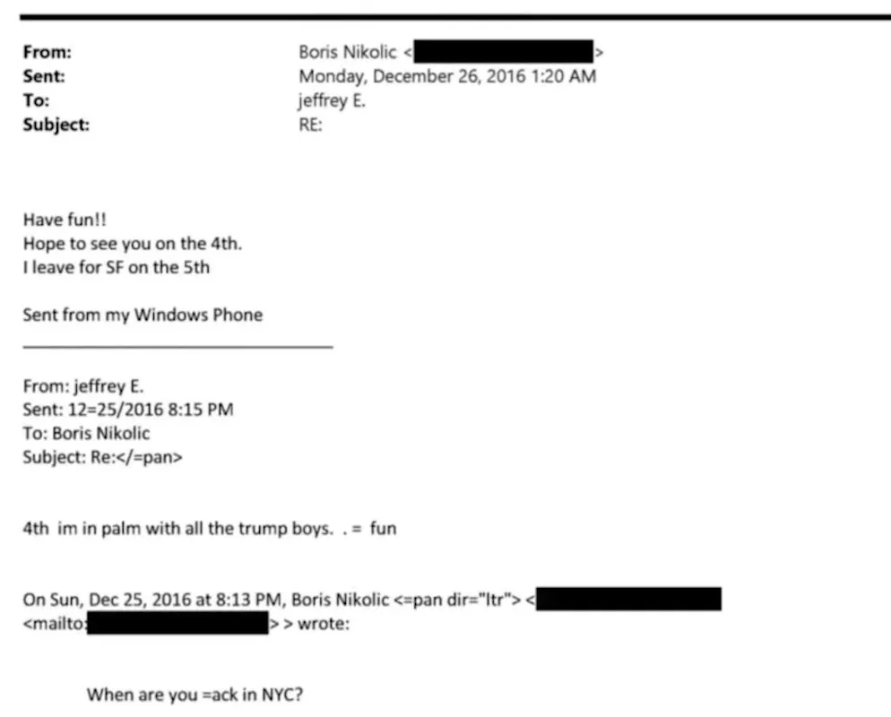 Jeffrey Epstein écrit à l'investisseur Boris Nikolic à Noël qu'il s'amusera le 4 janvier à Palm Springs, en Floride, avec "tous les gars de Trump".