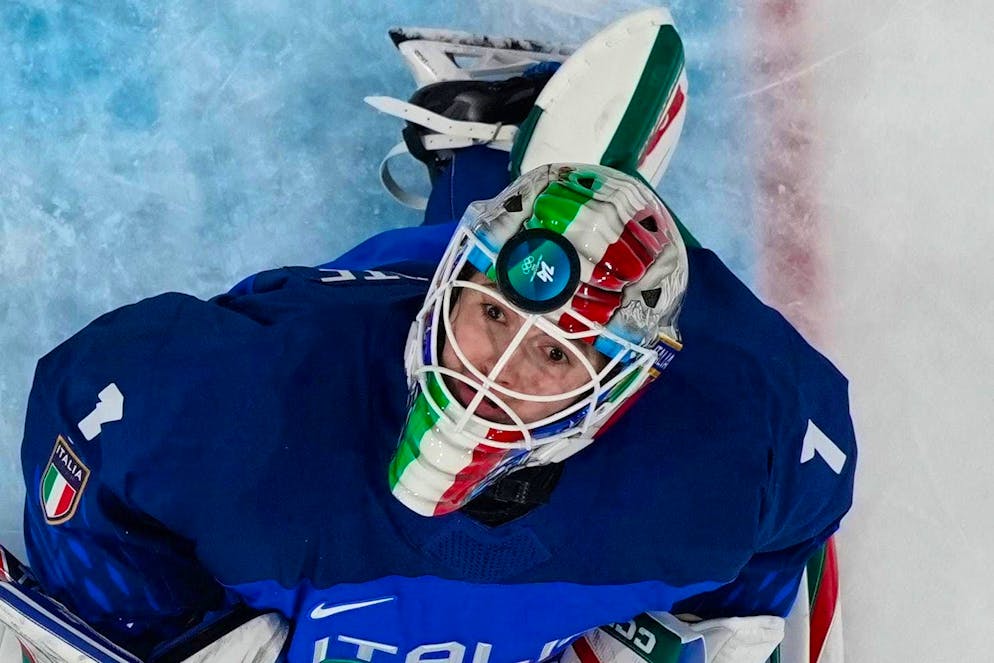 The best pictures of the 2026 Olympic Games in Milano Cortina. Italian goalkeeper Gabriella Durante looks for the puck.