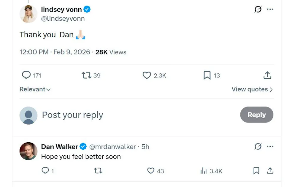 La prima reazione di Vonn sui social dopo l'intervento.