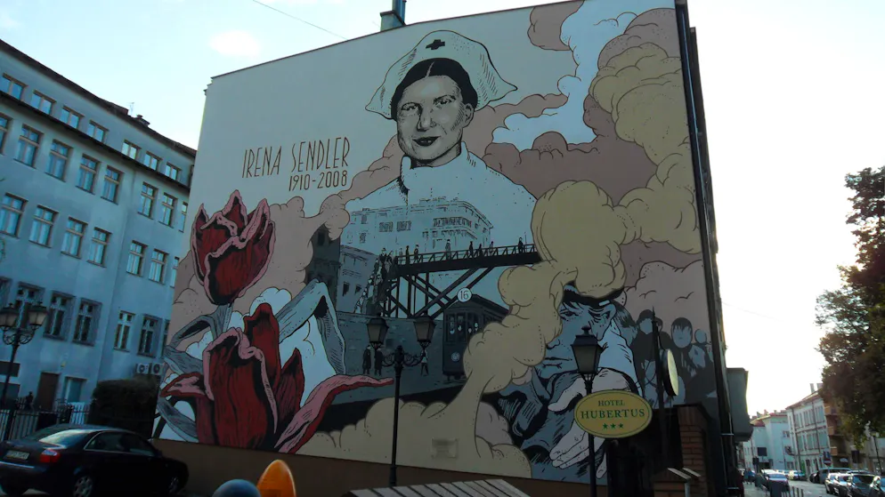 Wandbild zu Ehren von Irena Sendler (1910–2008), die im besetzten Warschau jüdische Kinder aus dem Ghetto schmuggelte und sie mit falschen Papieren und sicheren Verstecken vor dem Holocaust rettete.