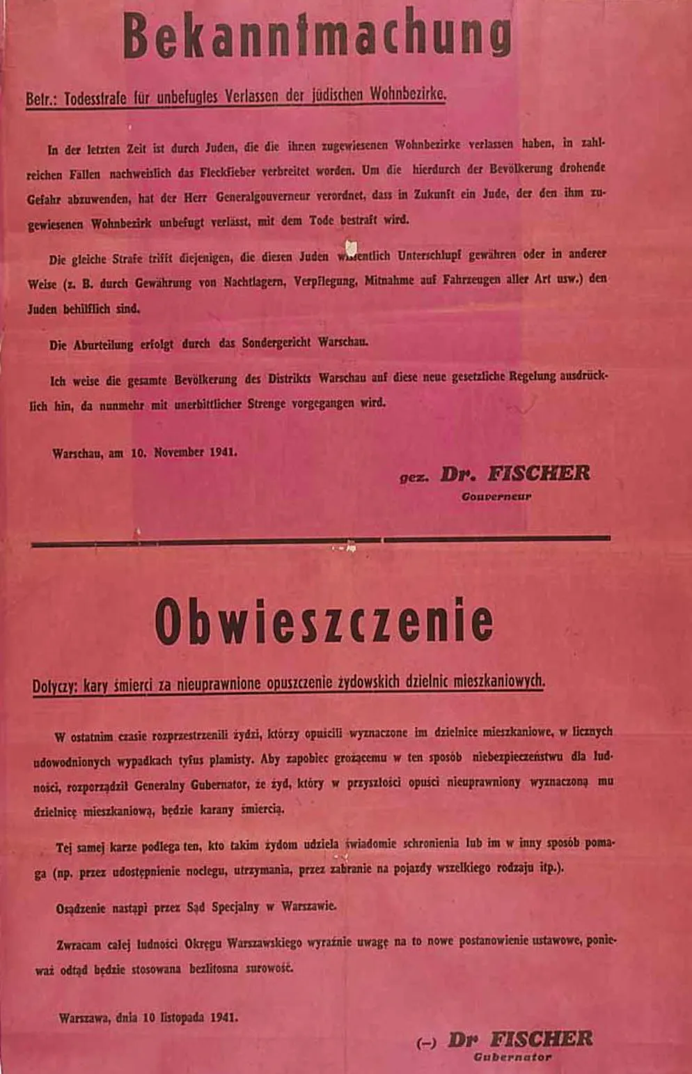 Ankündigung der Todesstrafe für unbefugtes Verlassen der jüdischen Wohnbezirke, Warschau 10. November 1941.