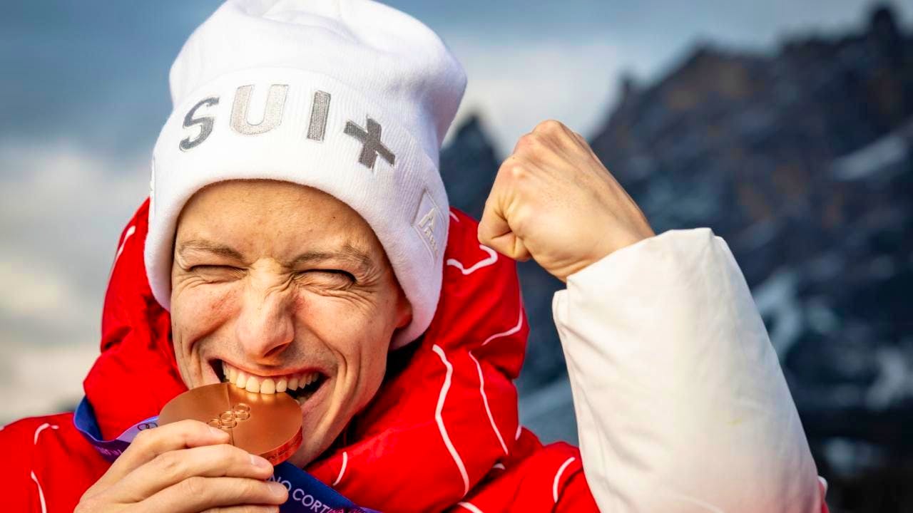 Ski jumping. Ski jumper Gregor Deschwanden celebrates at the Swiss House