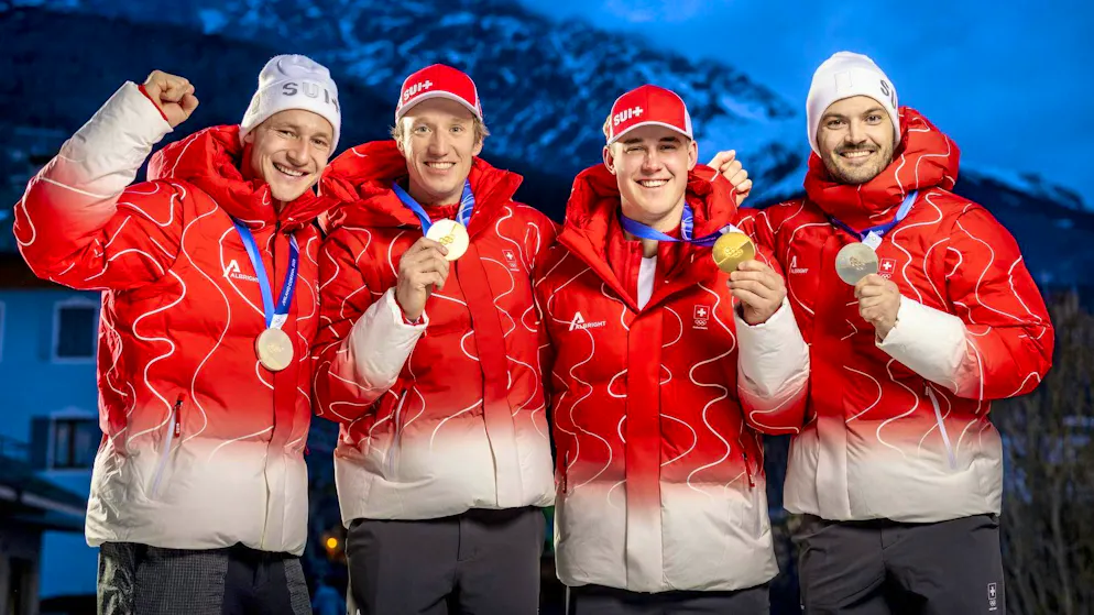 Four medals: Marco Odermatt (silver), Tanguy Nef (gold), Franjo von Allmen (gold) and Loic Meillard (silver).