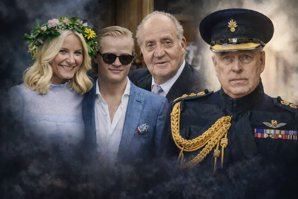 Kronprinzessin Mette-Marit von Norwegen mit ihrem Sohn Marius Borg Høiby (l.), Spaniens Altkönig Juan Carlos I. und Prinz Andrew (r.) – mehrere Monarchien sehen sich seit Jahren mit Justizaffären konfrontiert.