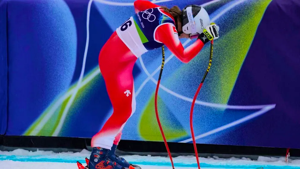 Jasmine Flury after the team combined downhill in the finish area in Cortina