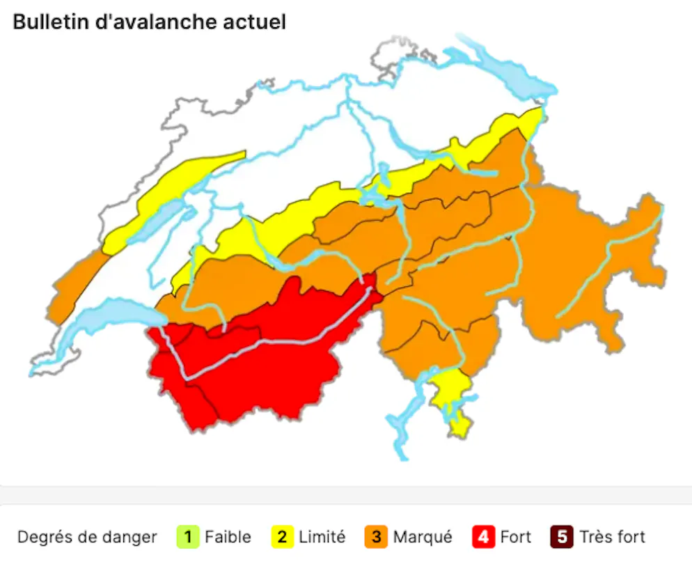 Conséquence directe de ces accumulations massives: le danger d’avalanche est jugé fort (4/5).
