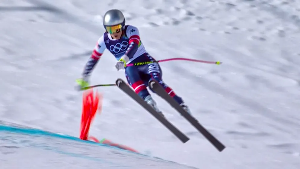 Lindsey Vonn Sekundenbruchteile vor ihrem Sturz in der Olympia-Abfahrt in Cortina