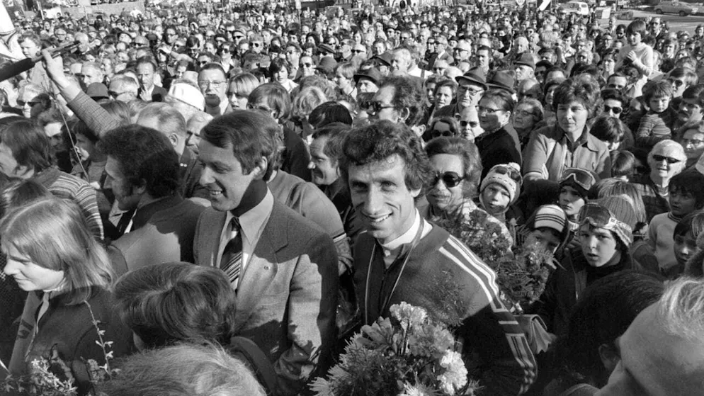 Walter Steiner receives a triumphant welcome.
