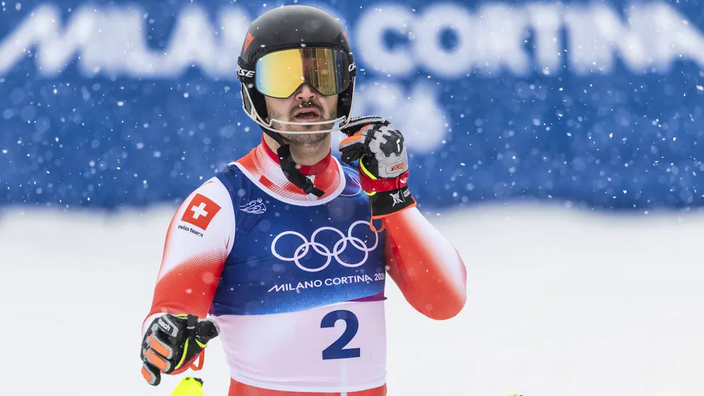 Loïc Meillard joue placé lors du slalom olympique.