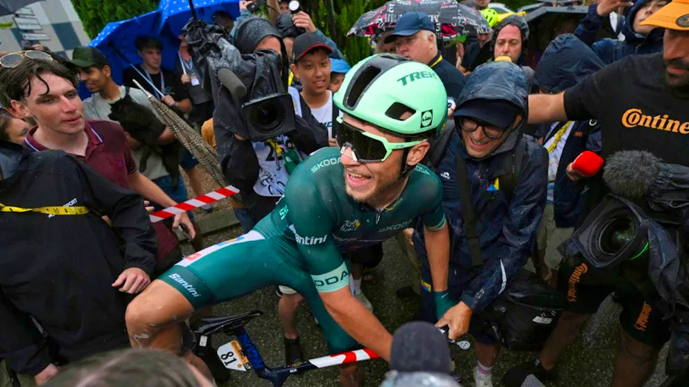For Jonathan Milan, pictured after winning a stage at last year's Tour de France, the season begins with a crash
