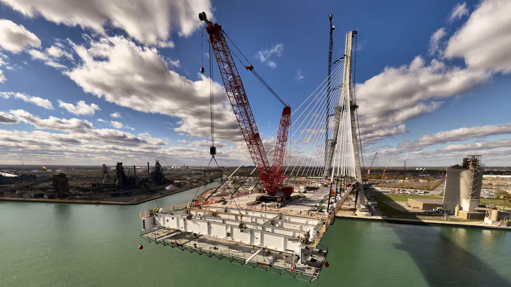 Die Gordie Howe International Bridge im November 2023 in Detroit im Bau: Sie soll im Frühjahr 2026 fertig sein.