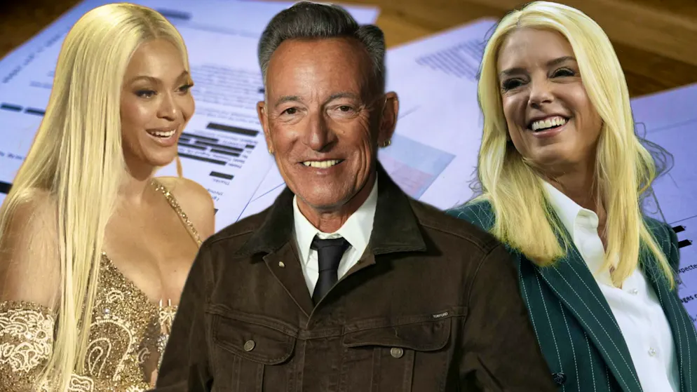 La ministre de Trump Bondi (à droite) cite plusieurs noms : Beyoncé (g.) et Bruce Springsteen (m.), entre autres, y figurent. 