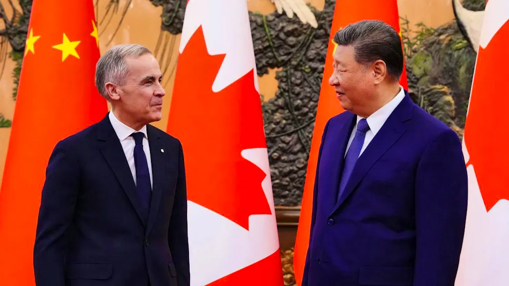 Mark Carney (a sinistra) incontra il presidente cinese Xi Jinping a Pechino il 26 gennaio.