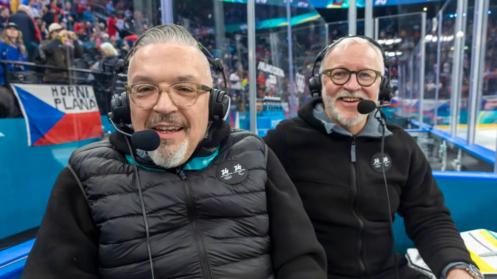 Giovanni Marti (links) und Georges Lüchinger stehen in Mailand als Stadionsprecher im Einsatz
