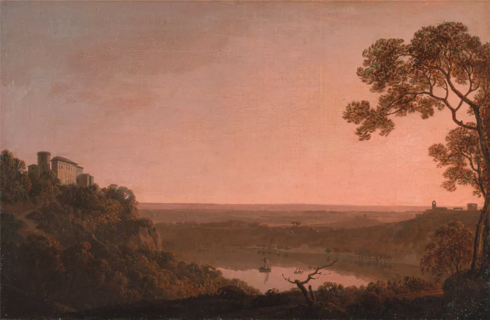 Der Nemisee im warmen Abendlicht – still, fast geheimnisvoll liegt der Kratersee zwischen dunklen Hängen. Joseph Wright of Derby (1734-1797).