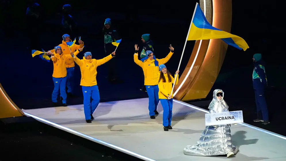 La délégation ukrainienne lors de la cérémonie d'ouverture des JO 2026 à Milan.