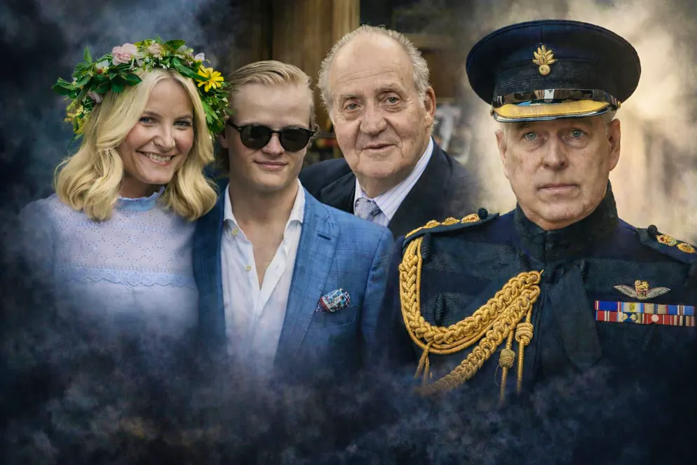 La princesse héritière Mette-Marit de Norvège avec son fils Marius Borg Høiby (à gauche), l'ancien roi d'Espagne Juan Carlos Ier et le prince Andrew (à droite) - plusieurs monarchies sont confrontées depuis des années à des affaires judiciaires.