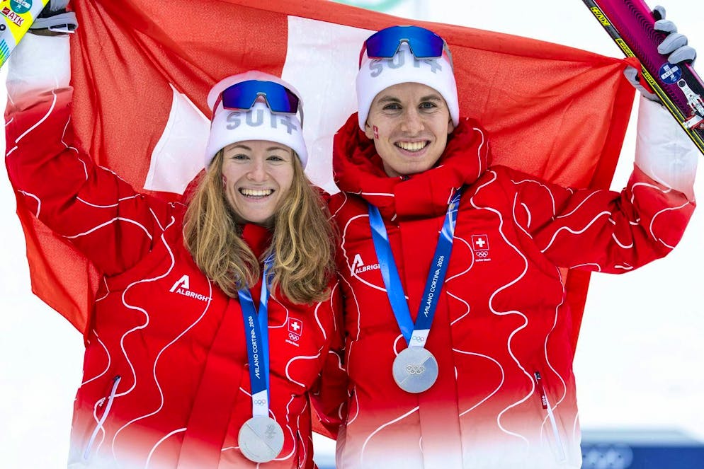 All Swiss Olympic medals. Marianne Fatton and Jon Kistler win the silver medal in the ski mountaineering mixed competition.