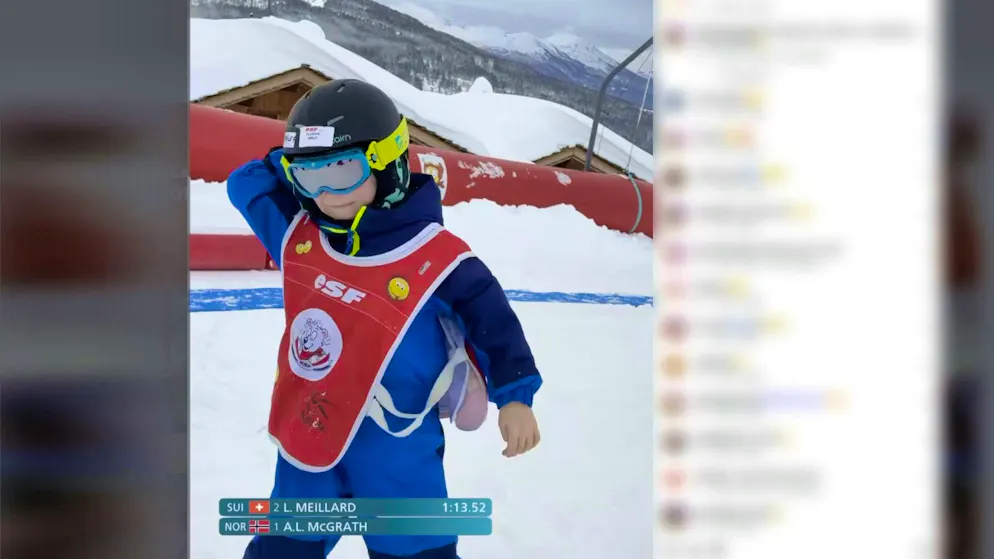 Children at a ski school have re-enacted Atle Lie McGrath's Olympic freak-out.
