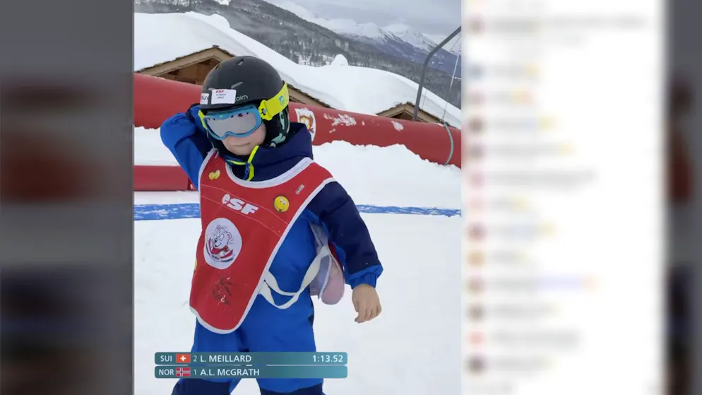 Kinder einer Skischule haben den Olympia-Ausraster von Atle Lie McGrath nachgespielt.