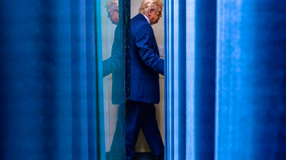 US President Donald Trump leaves the building after speaking to reporters in the James Brady Press Briefing Room at the White House. Photo: Alex Brandon/AP/dpa