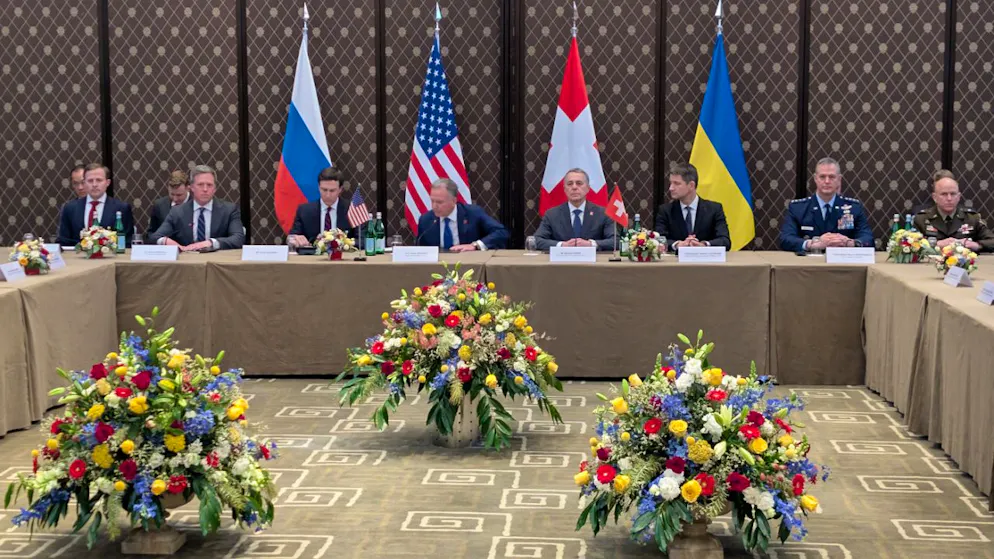 HANDOUT - Trilaterale Gespräche zwischen den USA, der Ukraine und Russland in Genf. Foto: -/Ukrainian National Security and Defense Council press office/AP/dpa - ACHTUNG: Nur zur redaktionellen Verwendung und nur mit vollständiger Nennung des vorstehenden Credits