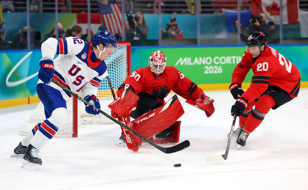 Seconda settimana delle Olimpiadi di Milano-Cortina. Matt Boldy in azione contro Jordan Binnington e Thomas Harley.