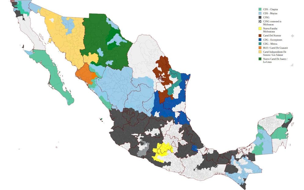 Grobe Aufteilung der Einflussgebiete von Kartellen in Mexiko im Februar 2026 – das CJNG von «El Mencho» ist dunkelgrau eingezeichnet.
